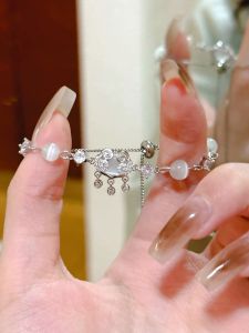 Cats Eye Stone Peace Lock Bracelet Womens Minimalist Design Retro Fashion Vintage Chinese Style Silver Jewelry Accessory