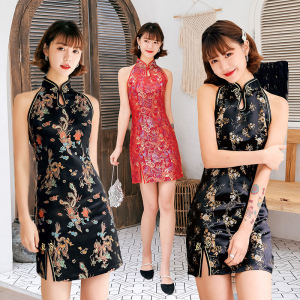 Elegant Vintage Chinese Cheongsam Dress Stand Collar Sleeveless Qipao Girl Short Style Low Slit Polyester Fiber