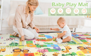 Baby Crawling Mat Play Mat Blanket Floor Mat Foldable Mat Large Baby Mat Waterproof Foam Play Mat Double Side Folding Animal Pattern with Travel Bag for Toddler Kid Household outdoor Game Pad