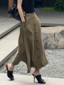MANMI | Stylish Army Green Vintage A-Line Skirt