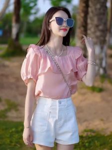 Fashionable Short Sleeve Chiffon Shirt Women Summer French Simple Lace Bubble Sleeve Top Trendy Korean Style Loose Fit Solid Color