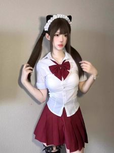 กระโปรงจีบเอวสูงทรงเอเอวสูง กระโปรงสั้นผ้าโพลีเอสเตอร์ ฤดูร้อน 2024 สีพื้น กระโปรงสั้นผู้หญิง ชุดนักเรียนสีแดง สไตล์ญี่ปุ่น