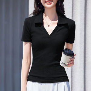 Polo Collar Short Sleeve T-Shirt Womens Summer Pure Color Patchwork Slim Fit Versatile Half Sleeve Top Body Shirt Korean Style