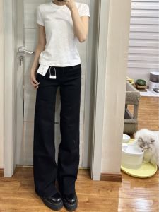 Extended American Style Spicy Girl Low Waist Straight Leg Jeans Womens Black Versatile Slimming Micro Flared Floor-Length Pants