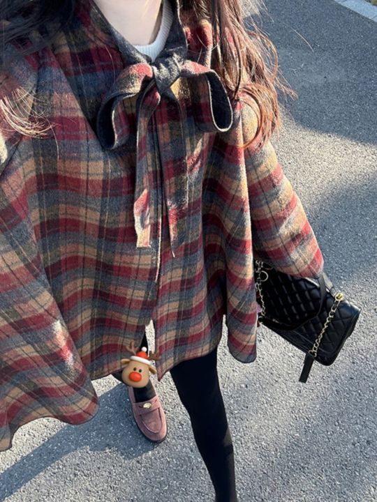 Christmas Plaid Coat Women's Loose Winter Outerwear Large Size Woolen Top Fashionable Vintage High-End Feeling Elegant