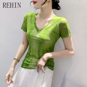 REHIN Summer fashion mesh tie-dye short-sleeved T-shirt V-neck slim-fit trendy elegant womens top