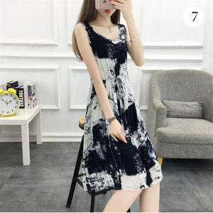 ชุดเดรสยาวปานกลางผ้าไหมฝ้ายลายดอกไม้แขนกุดสำหรับผู้หญิงในฤดูร้อนปี 2024 ไซส์ใหญ่ กระโปรงชายหาดผ้าฝ้ายเทียม