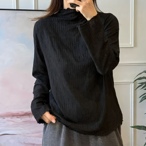 plus Size Black Lace Base Shirt Long Sleeve Stand Collar Womens Early Autumn Fat MM Meat Covering Slimming Inner Wear Layered Top