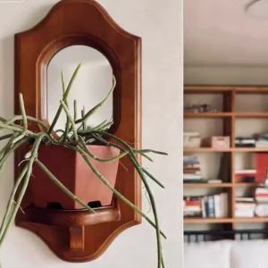 Vintage Wooden Wall Shelves Retro Design Hanging Mirror Functional Storage for Candles & Plants Wall Rack for Cafe & Home Gifts
