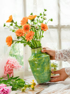 Handmade Ceramic Flower Vase French Vintage Green Country Style Decorative Accessories for Living Room Dried Flowers Decoration