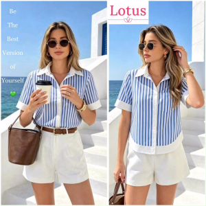 Lotus Áo Sơ Mi Nữ Tay Ngắn Dáng Suông Mặc Đi Làm Đi Chơi Du Lịch Đi Biển Áo Sơ Mi Nữ Kẻ Sọc Xanh Trắng Đẹp Sơ Mi Công Sở Thanh Lịch Form Rộng Cài Cúc Có Túi Trước Áo Kiểu Nữ Form Suông Áo Sơ Mi Sọc Dọc Màu Xanh Biển Phối Viền Màu Trắng