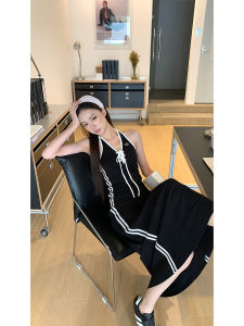 French Style Halter Waist A-Line Maxi Dress Black