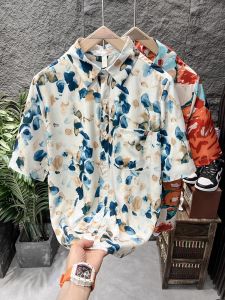 Mens Ice Silk Short Sleeve Shirt Full Print Summer Beachwear Vintage Hawaiian Style Casual Loose Fit Youthful Polyester Blend