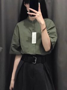 Summer New Vintage Loose Short Sleeve Womens Design Sensation Hong Kong Style Green Shirt Quality Fabric Stand Collar Shirt