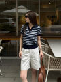 YUEZHONGWEI | Áo thun polo tay ngắn dệt kim lụa băng American Shoulder Color Block Stripes dành cho nữ mùa hè ôm vừa vặn thon gọn. 