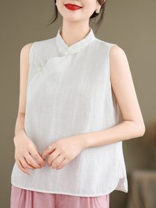 Womens Cotton Linen Buttonless Vest Chinese Style Retro Side Button Stand Collar Sleeveless Shirt Loose Fit Summer Fashion
