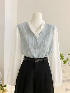 เสื้อเชิ้ตแขนพองคอวีสไตล์ฝรั่งเศสสำหรับผู้หญิง ดีไซน์เก๋ไก๋ แขนยาว ทรงเข้ารูป สไตล์เกาหลี ฤดูใบไม้ผลิ 2023