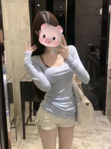 Áo Thun Modal Màu Xanh Cổ Vuông Dài Tay Nữ Mỏng Mùa Xuân Thiết Kế Ôm Vừa Vặn Giảm Béo Áo Ngắn