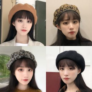 Mũ Len Họa Tiết Da Báo Beret Phong Cách Hàn Quốc Thời Trang Mùa Thu Đông Cho Nữ Mũ Họa Sĩ Mũ Tròn Không Viền
