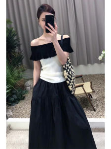 YUEZHONGWEI | French Style One Shoulder Color Block Ice Silk Knitted Short Sleeve T-Shirt Women Summer Slim Fit Shoulder Bared Top