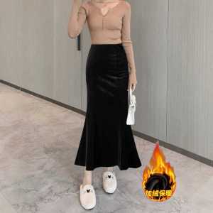 กระโปรงสั้นผ้ากำมะหยี่บุขนแกะเอวสูง กระโปรงทรงหางปลา กระโปรงยาวปานกลาง ฤดูใบไม้ร่วง ฤดูหนาว ผ้าฝ้ายผสมโพลีเอสเตอร์
