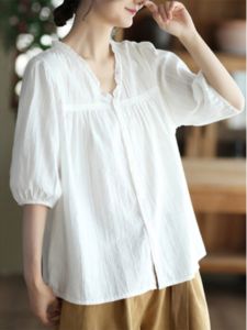 Áo Sơ Mi Trắng Cổ Chữ V Thêu Tay Áo Đèn Lồng Vải Lanh Cotton Mùa Hè Cho Nữ Phong Cách Cổ Điển Rộng Rãi