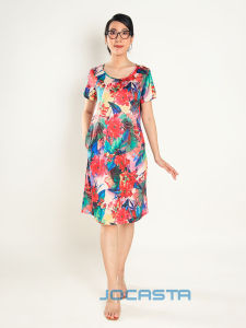 Đầm Trung Niên Dáng Suông Cổ Tròn Ngắn Tay Họa Tiết Hoa Lá Mẫu Đơn Sang Trọng Quý Phái