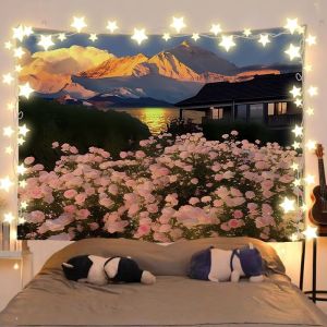VIKAMA Rizhao Jinshan Lake Pink Rose Sea Landscape Tapestry Dusk Background Linen Dormitory Decoration Tapestry Room Decoration