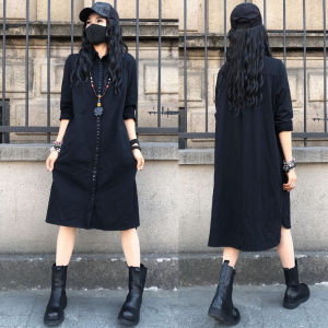 Vintage Black Midi Dress Fashionable Button up Collar Loose Fit Korean Style A-Line Skirt High Waist Long Sleeve Commute Wear