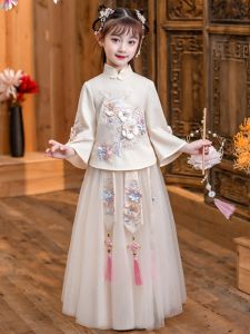 Spring Autumn New Style Hanfu Fairy Girl Baby Two Piece Set Traditional Costume Cotton Blend Fabric Childrens Clothing