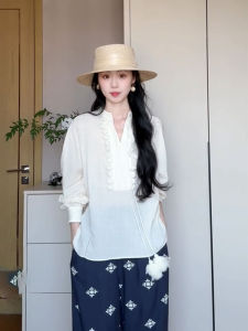 YUFUQING | Loose V-neck Short Sleeve Shirt Womens Fashion Summer New Style Lace Trim Casual Feel Top Elegant Airy White Floral Design