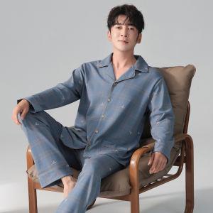 Mens Sleepwear Set Pure Cotton Plaid Home Clothes Spring Autumn Style Outerwear Korean Version Long Sleeve Long Pants