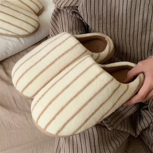 Cute Bear Patterned Cotton Slippers Men Women Home Use Warm Comfortable Winter Striped Couples Furry Shoes Low Heel Rubber Bottom