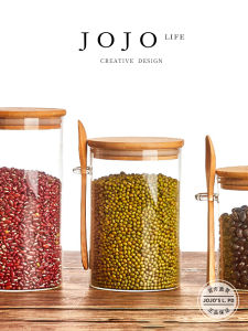 Jojos L PD.Jade Glass Seasoning Bottle with Wood Lid And Spoon Sealed Storage Container Kitchen Cooking Utensil Storage Jar