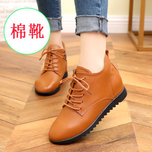 Womens Martin Boots Autumn Winter Soft Leather Flat Bottom Warm Cotton Lined Shoes round Toe Casual Fashion Booties