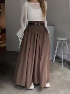New Korean Skirt Women Solid Color Versatile Mid-length Pleated Large Swing A Line Female Long Skirts for Women Fashion Clothes