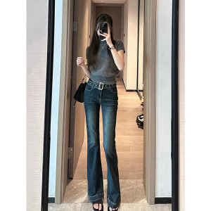 กางเกงยีนส์ทรงสลิมฟิตเอวต่ำสำหรับผู้หญิง สีน้ำเงินเข้ม กางเกงขายาวทรงกระบอกเล็ก กางเกงยีนส์ทรงยาว ทรงสลิมฟิต ความยาวปกติ