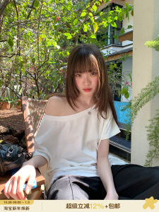 Áo Thun Nữ Phong Cách Hàn Quốc Rộng Rãi Cổ Chéo Tay Ngắn Mùa Hè 2025 Áo Thun Cotton Co Giãn Cao Cấp Cho Nữ