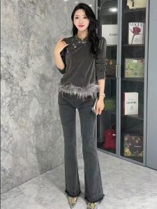 New Chinese Style Velvet Womens Top Short Sleeve Stand Collar Button Pearl Fox Fur Patchwork Streetwear Autumn Fashion T-shirt