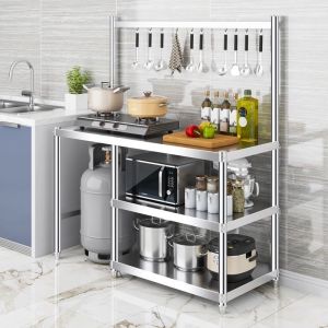 BM ชั้นวางเตาแก๊ส โต๊ะวางเตาแก๊ส ชั้นวางไมโครเวฟ สแตนเลส 3 ชั้น ปรับความสูงได้ แข็งแรงทนทาน  ชั้นวางอเนกประสงค์  เก็บของในห้องครัว