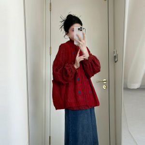 XUECAIQI | Spring New Year Korean Style Red Knit Sleeve Top Trouser Sets