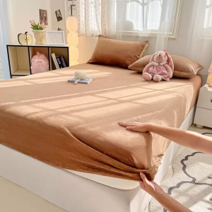 HOYAA Fluffy Velvet Bedsheet Garterized Fitted Bedsheets Solid Color Single Double Queen King Bed Sheet