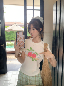 imimtuan | Áo Thun Nữ Đính Chữ Thiết Kế Trái Cây Ôm Sát Đa Năng