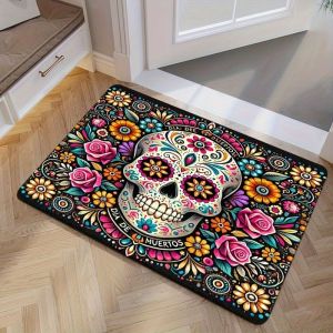 VIKAMA Mexican Day of The Dead Sugar Skull Doormat Colorful Flower Non‑Slip Floor Rug Indoor Outdoor Entrance Home Holiday Decor