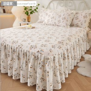 Pure Cotton Floral Bed Skirt Anti-Slip Fresh Style Duvet Cover Girls Lace Trim Bedding Set Soft Comfortable Bedding Accessories