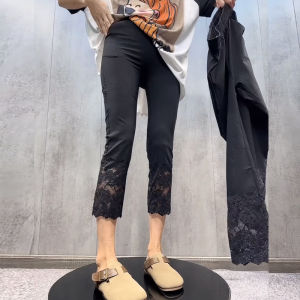 กางเกงขายาวทรงตรงเอวสูงลายลูกไม้สีดำสไตล์ใหม่ฤดูร้อนปี 2025 กางเกงขายาวทรงเข้ารูปผ้าผสมโพลีเอสเตอร์และคอตตอน