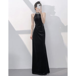 Elegant Banquet Evening Gown Fish Tail Halterneck Black Velvet