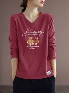 Pure ผ้าฝ้าย แขนยาว คอวี ผู้หญิง เสื้อยืดพิมพ์ลาย ทันสมัย หลากหลาย Anti-aging Brand Outlet คุณภาพการส่งออกจากอิตาลี
