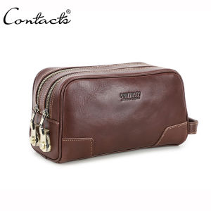 CONTACTS Genuine Leather Men Travel Cosmetic Bag Password Designer Portsble Toiletries Kit Organizer Makeup Wash Pouch Large Capacity