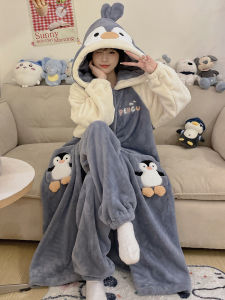 Thick Coral Fleece Long Sleepwear Womens Winter Home Clothes Set with Hat Cute Penguin Pattern Polyester Fiber Cartoon Style